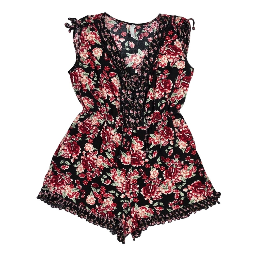 Xhilaration Floral Lace Up Romper Black Red Rose Ruffle Hem Sleeveless Medium